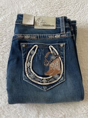 NWT Grace in LA Cowboy Boots Embroidered Easy Fit Bootcut Jeans Size 29 Western